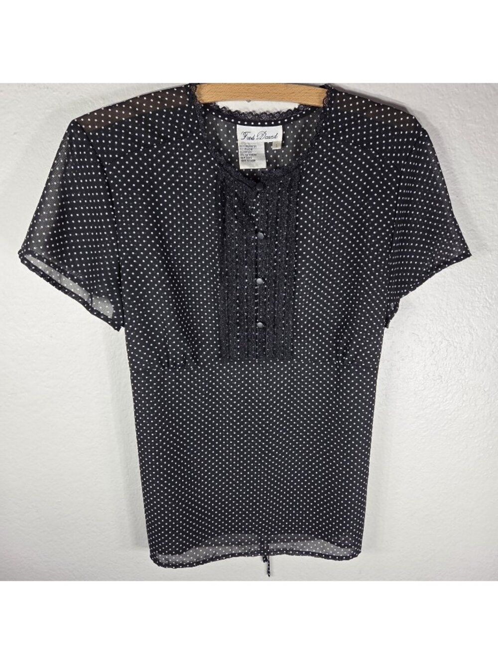 Vintage Fred David Sheer Black Polka Dot Top Blouse Size L Lace Trim Tie Back